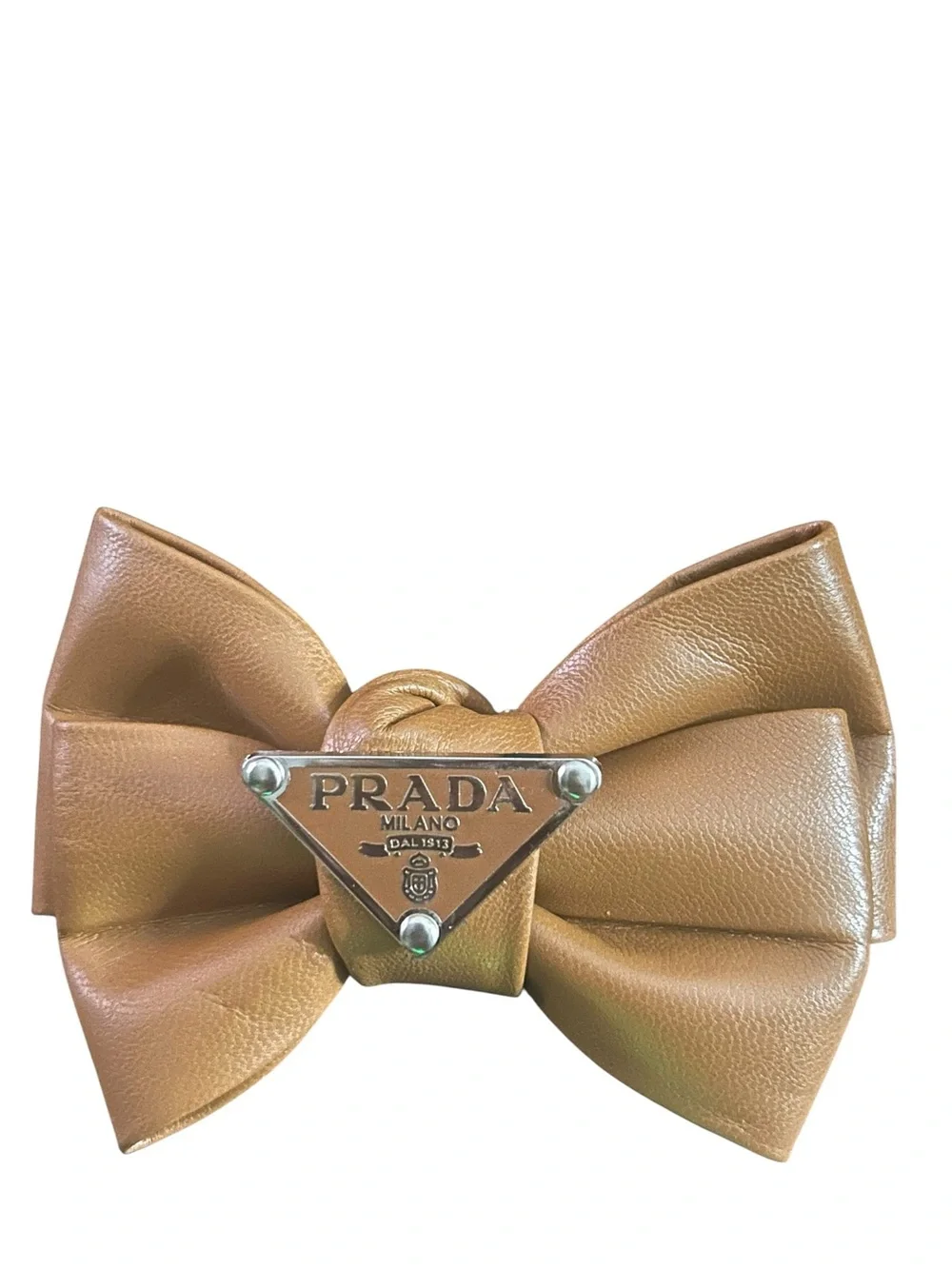 Tan Leather Bow Hair Clip with Logo Plaque